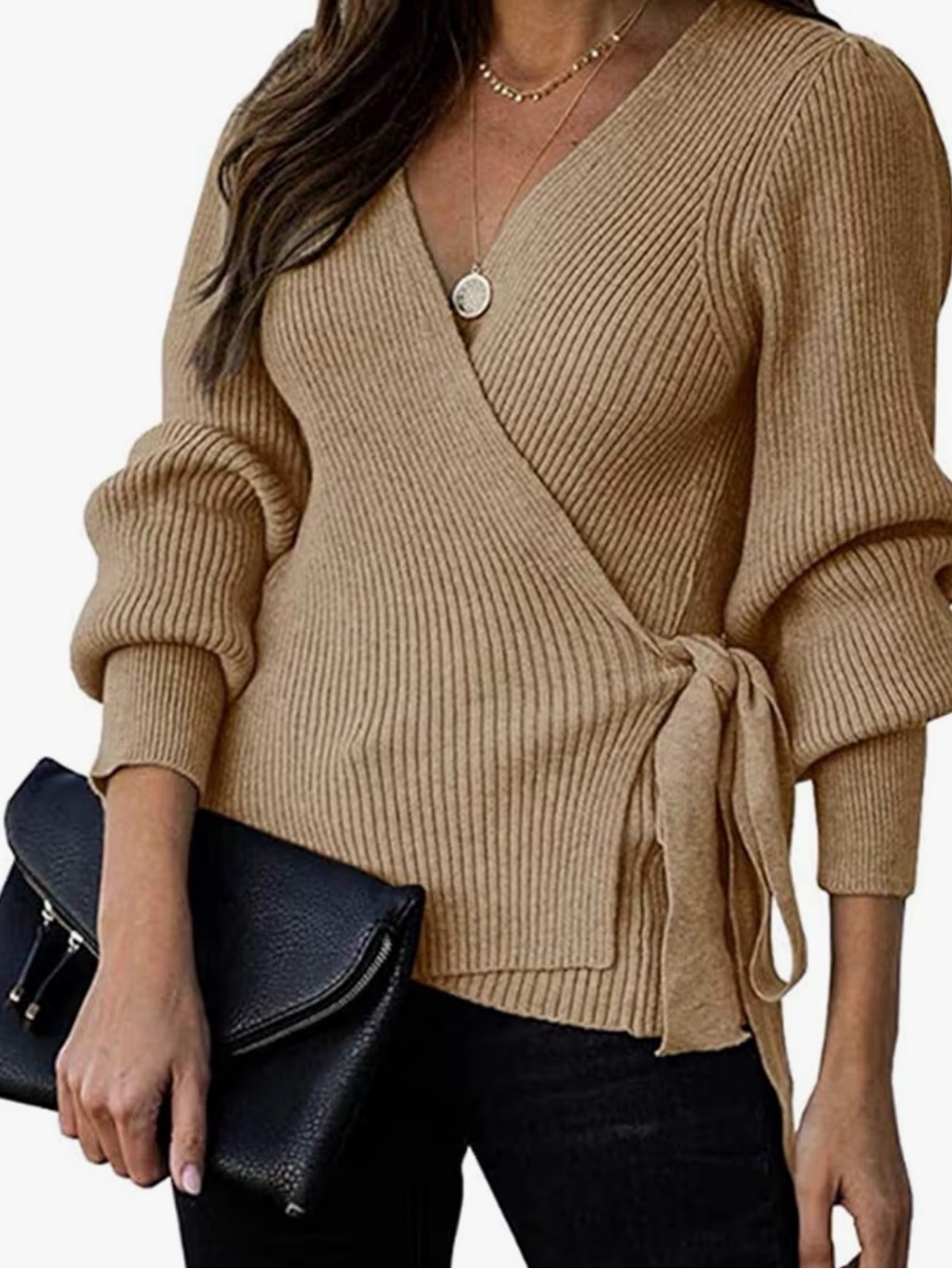 V neck wrap sweater with balloon sleeves, size medium, color khaki viscose blend